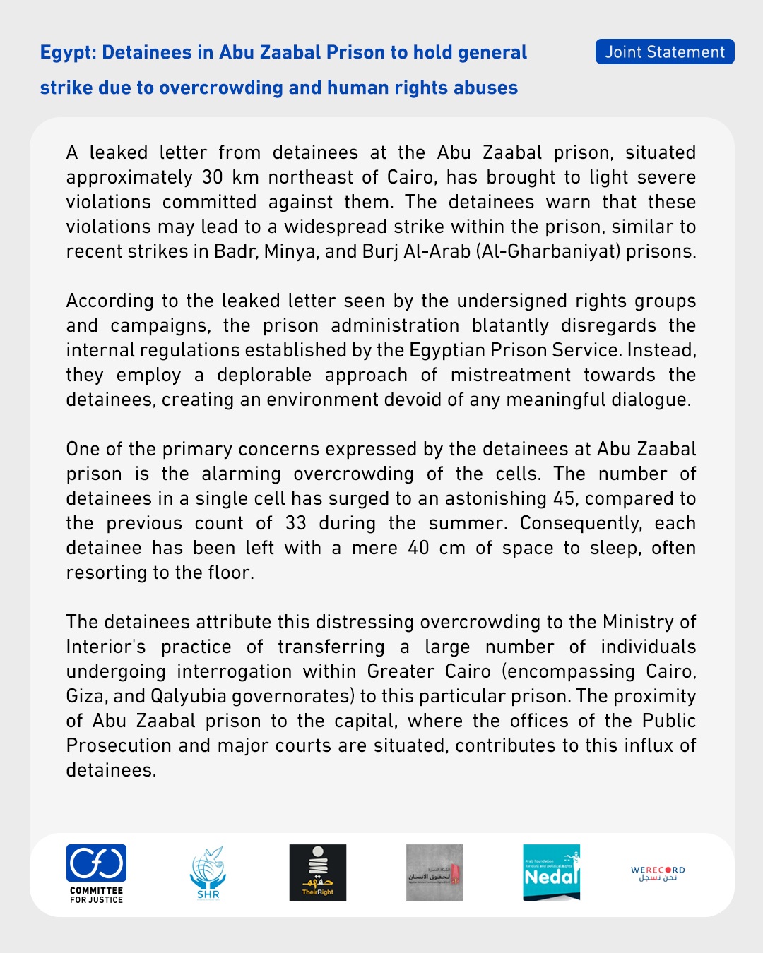 Egypt: Detainees in Abu Zaabal Prison to hold general strike due to overcrowding and human rights abuses